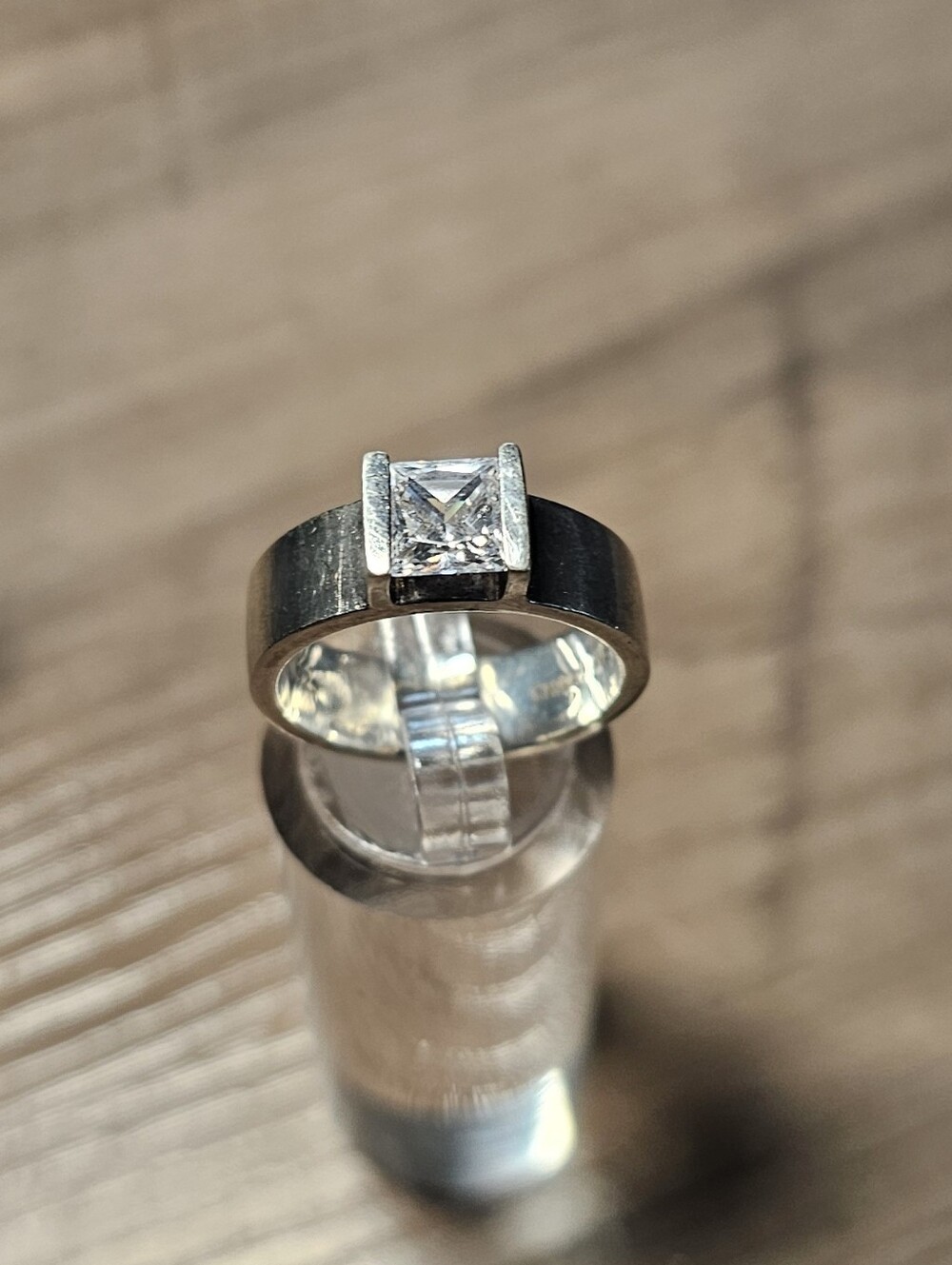 Classic Silver Band Ring with Clear Square-Cut Stone